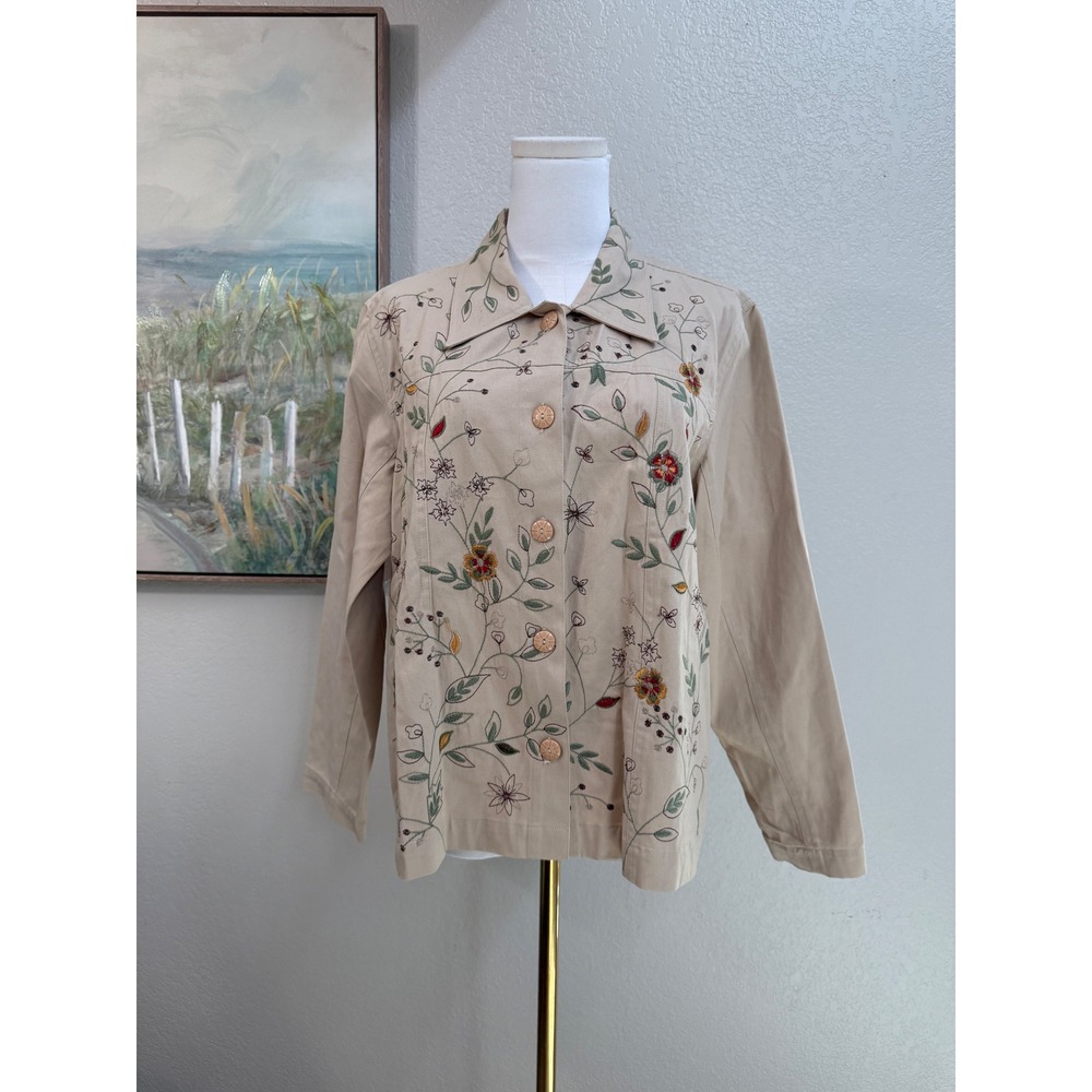 Tantrums Beige Floral Embroidered Cotton Button Up Jacket Size Large